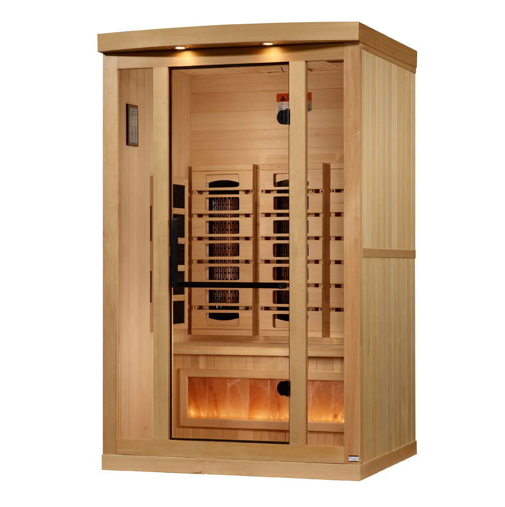 Golden Designs 2-Person Full Spectrum Infrared Sauna with Himalayan Salt Bar – Near Zero EMF, PureTech Heating
