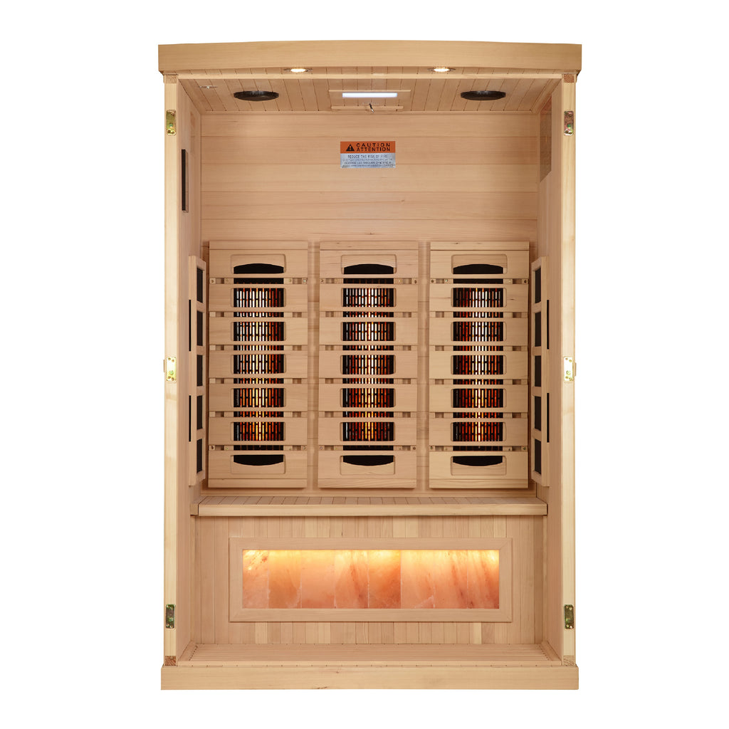 Golden Designs 2-Person Full Spectrum Infrared Sauna with Himalayan Salt Bar – Near Zero EMF, PureTech Heating