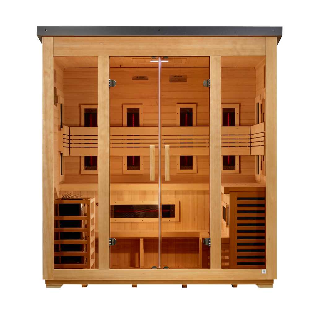 Golden Designs Gargellen 5-Person Outdoor Hybrid Sauna — Flat Roof — front view