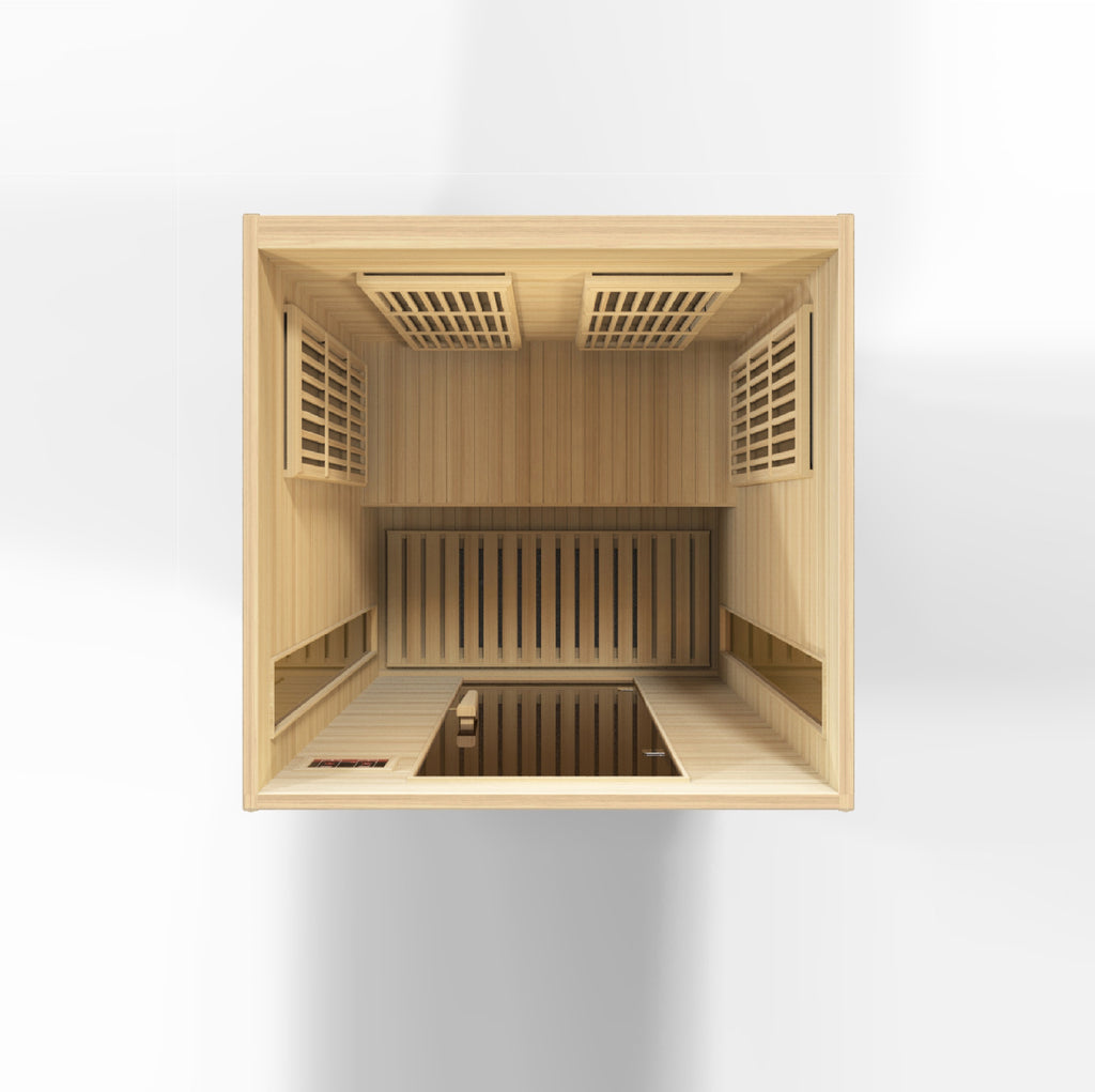Maxxus 2-Person Low EMF Far Infrared Sauna — Canadian Hemlock — interior overhead view