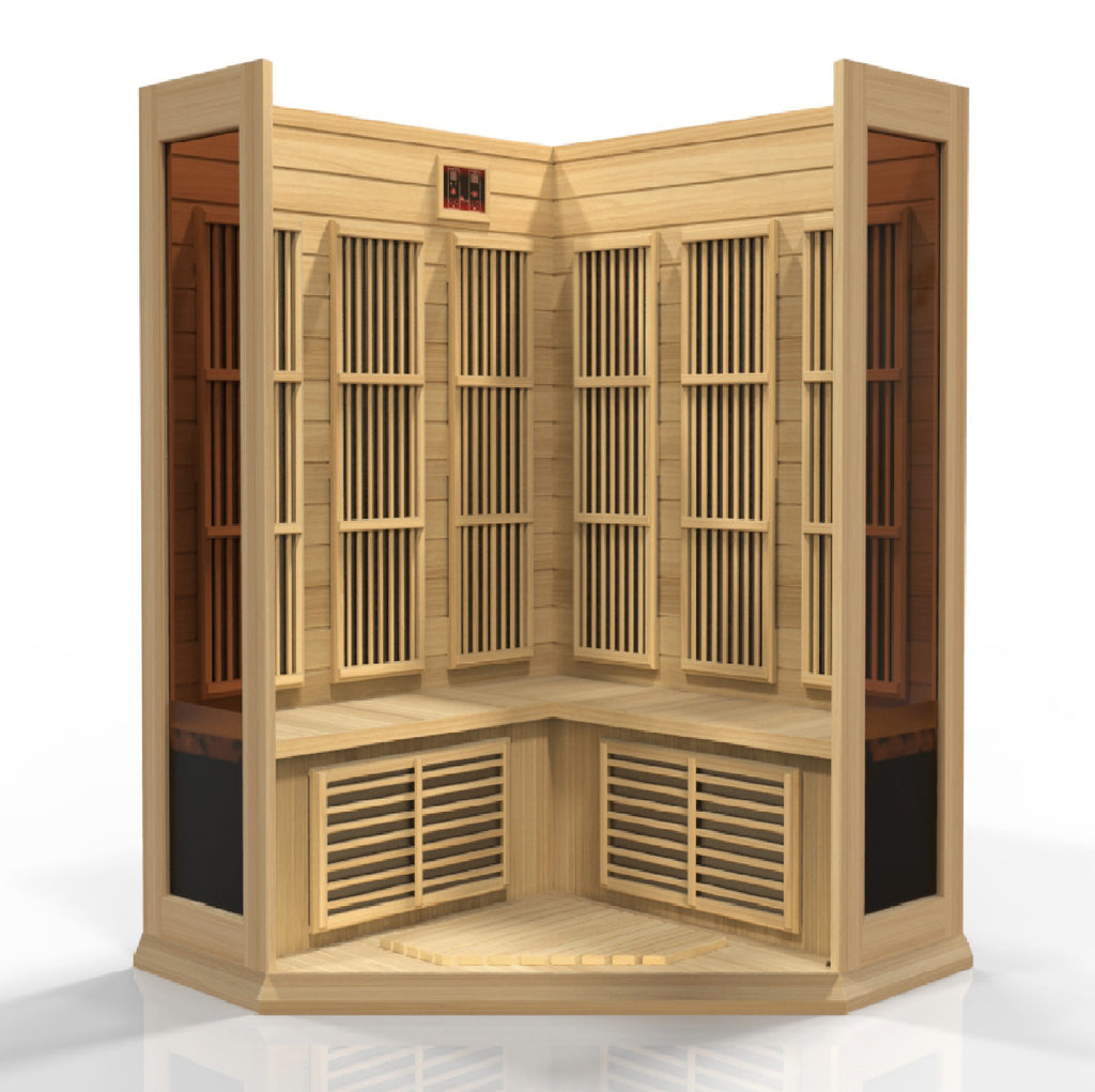 Maxxus 3-Person Corner Low EMF Far Infrared Sauna — Canadian Hemlock — corner bench and heating panels