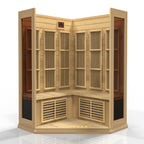 Maxxus 3-Person Corner Low EMF Far Infrared Sauna — Canadian Hemlock — corner bench and heating panels