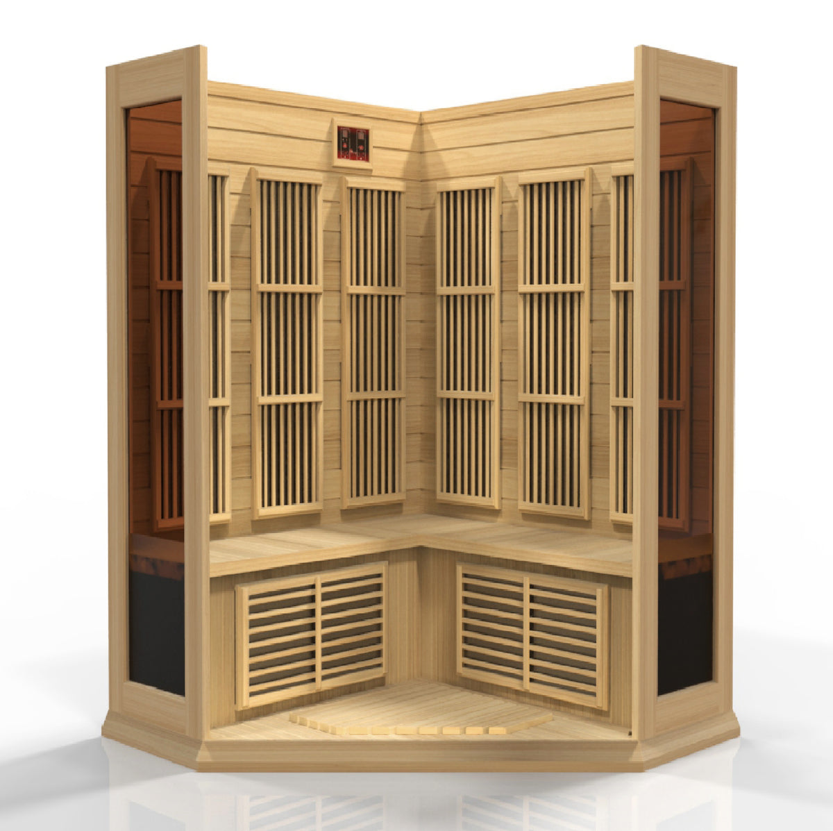 Maxxus 3-Person Corner Low EMF Far Infrared Sauna — Canadian Hemlock — corner bench and heating panels