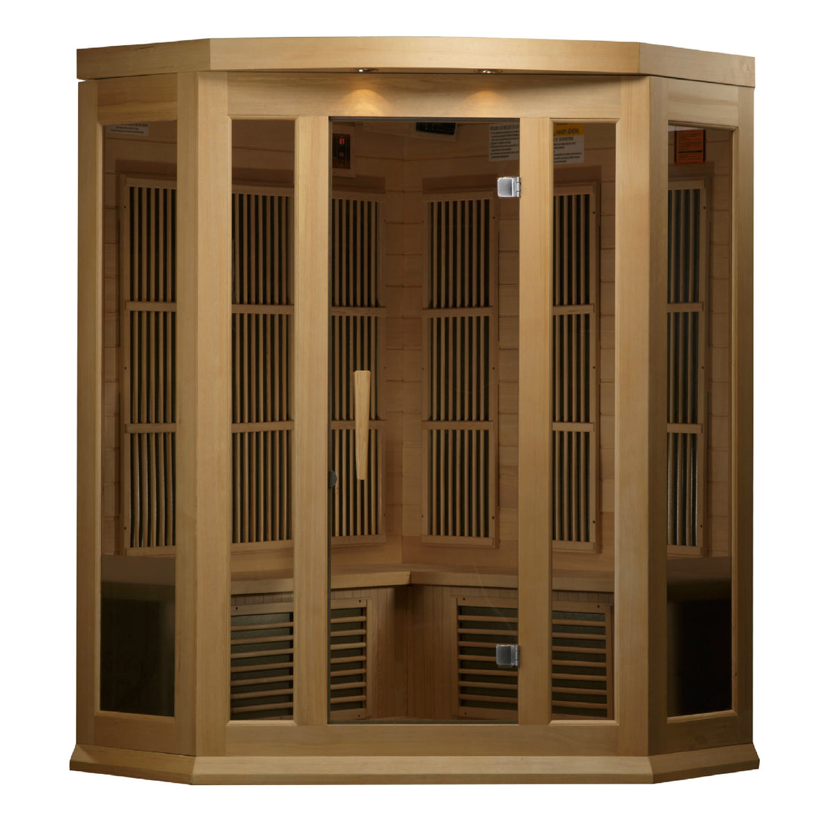 Maxxus 3-Person Corner Low EMF Far Infrared Sauna — Canadian Hemlock — front view
