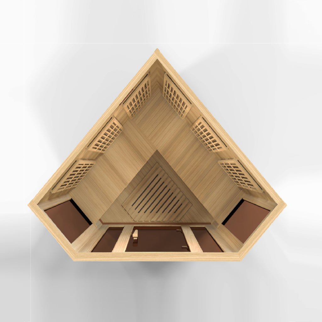 Maxxus 3-Person Corner Low EMF Far Infrared Sauna — Canadian Hemlock — interior overhead view