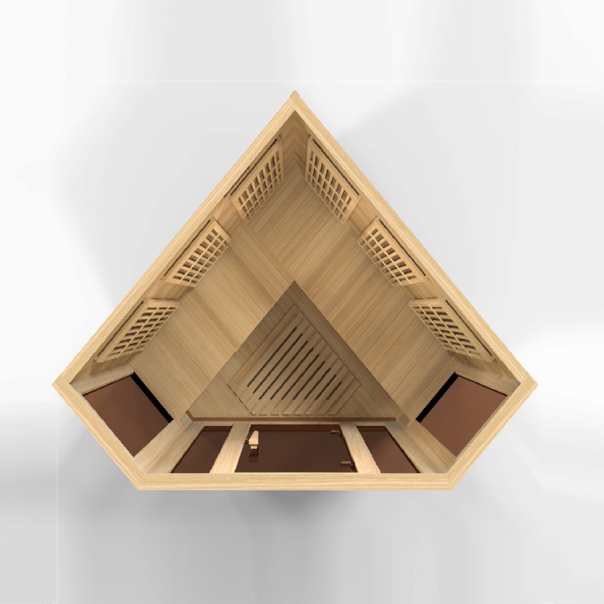 Maxxus 3-Person Corner Low EMF Far Infrared Sauna — Canadian Hemlock — interior overhead view