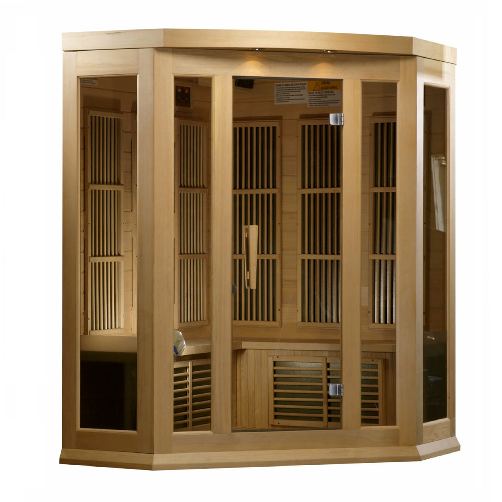 Maxxus 3-Person Corner Low EMF Far Infrared Sauna — Canadian Hemlock — left exterior view