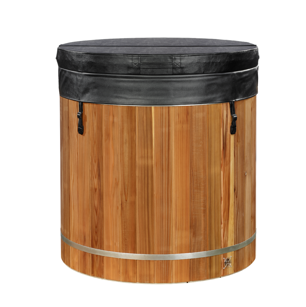 Cold plunge barrel tub with its fitted protective cover