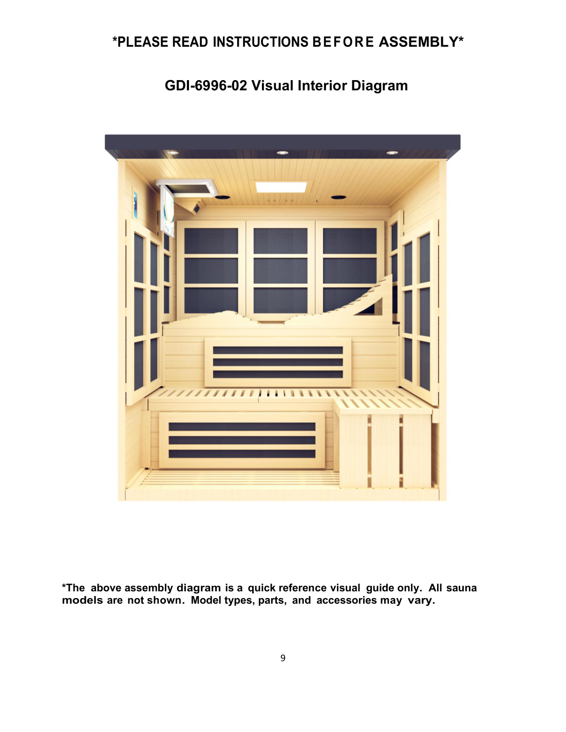 Golden Designs Monaco 6-Person Near Zero EMF Infrared Sauna — Black — manufacturer interior reference illustration