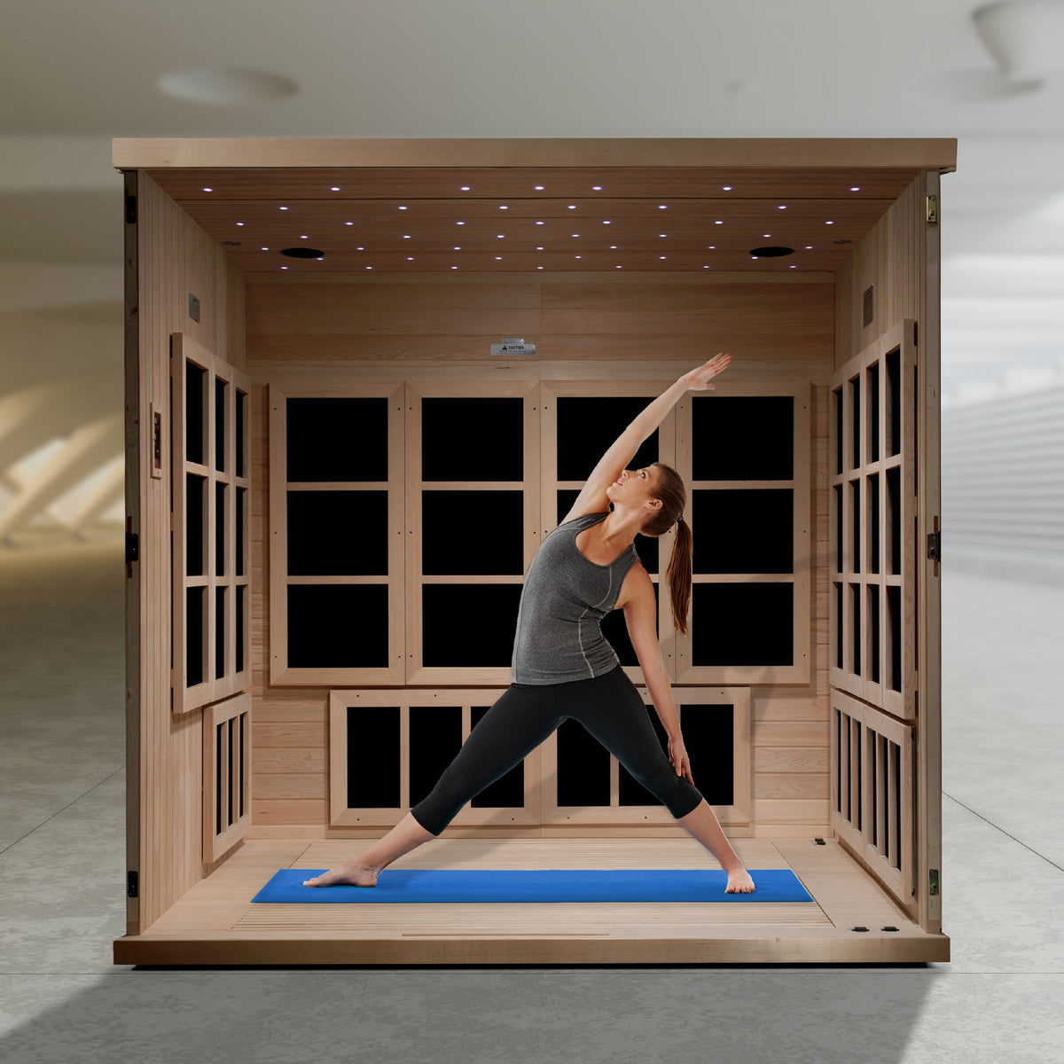 Golden Designs Catalonia 8-Person Near Zero EMF Infrared Sauna — Stretching layout with benches removed
