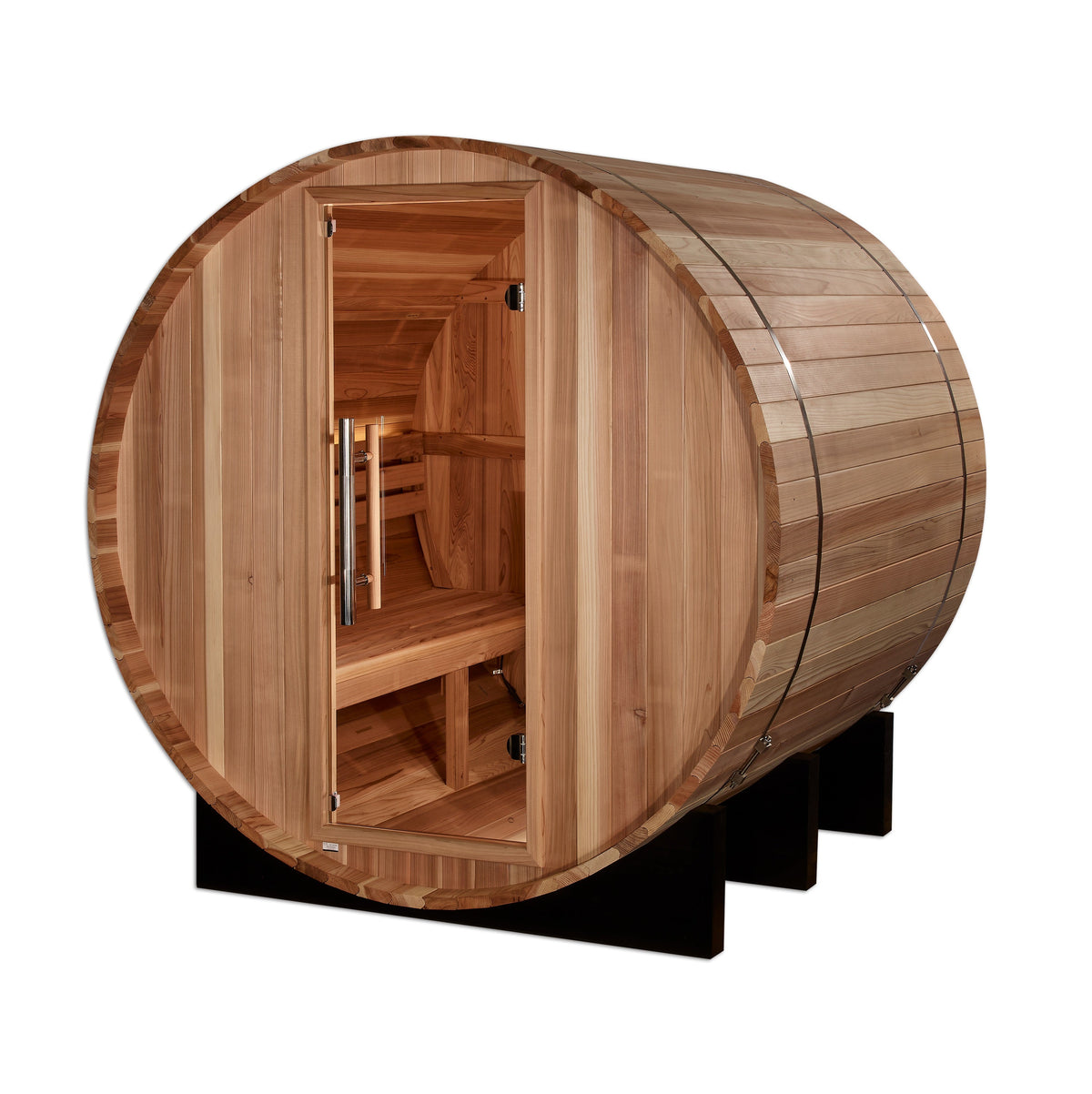 Golden Designs St. Moritz 2-Person Cedar Barrel Sauna — Front angled view