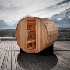 Golden Designs St. Moritz 2-Person Cedar Barrel Sauna — Outdoor setting