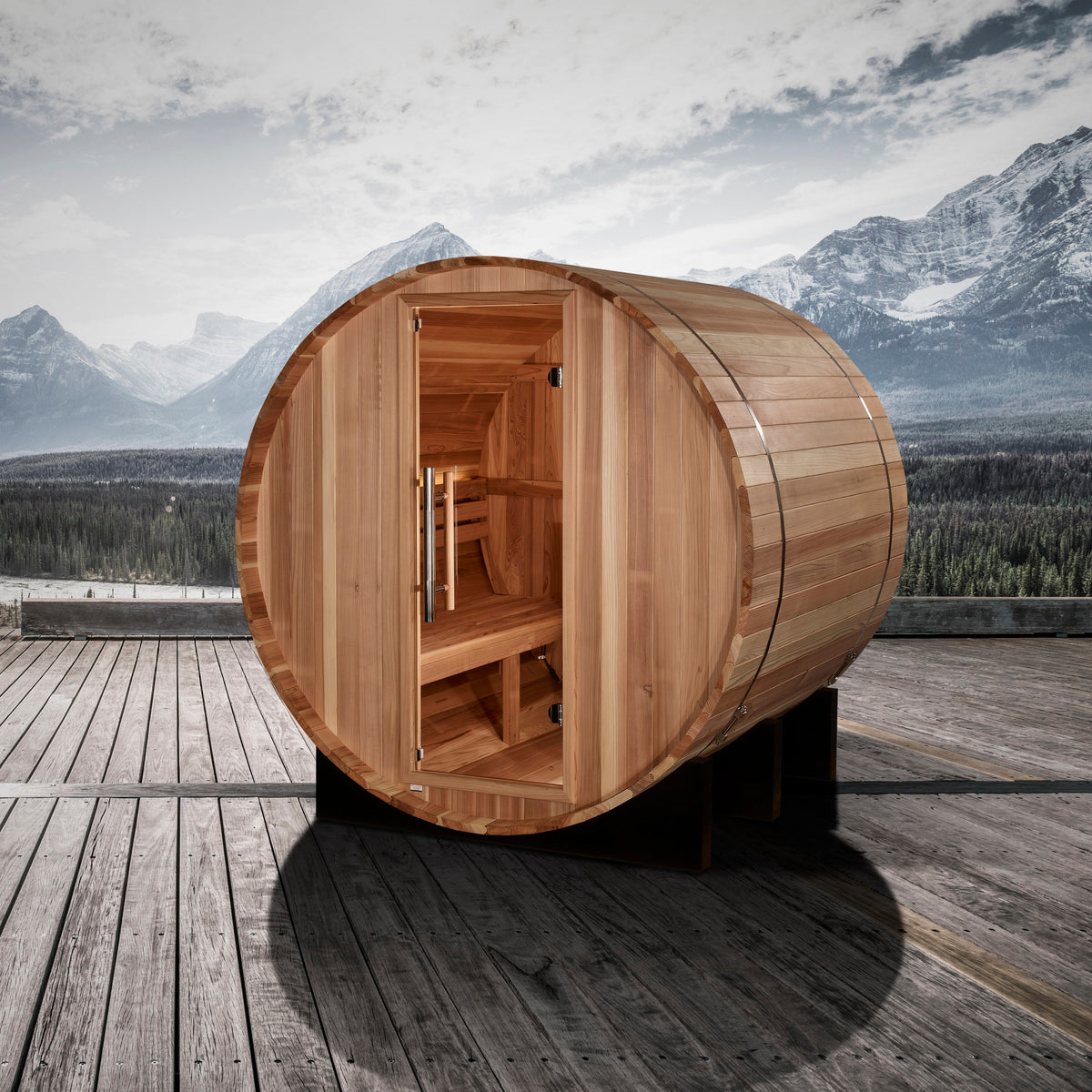 Golden Designs St. Moritz 2-Person Cedar Barrel Sauna — Outdoor setting