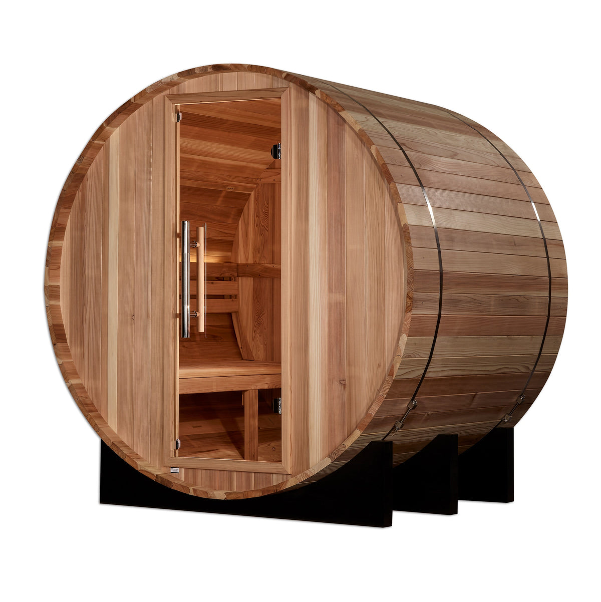 Golden Designs St. Moritz 2-Person Cedar Barrel Sauna — Front exterior view