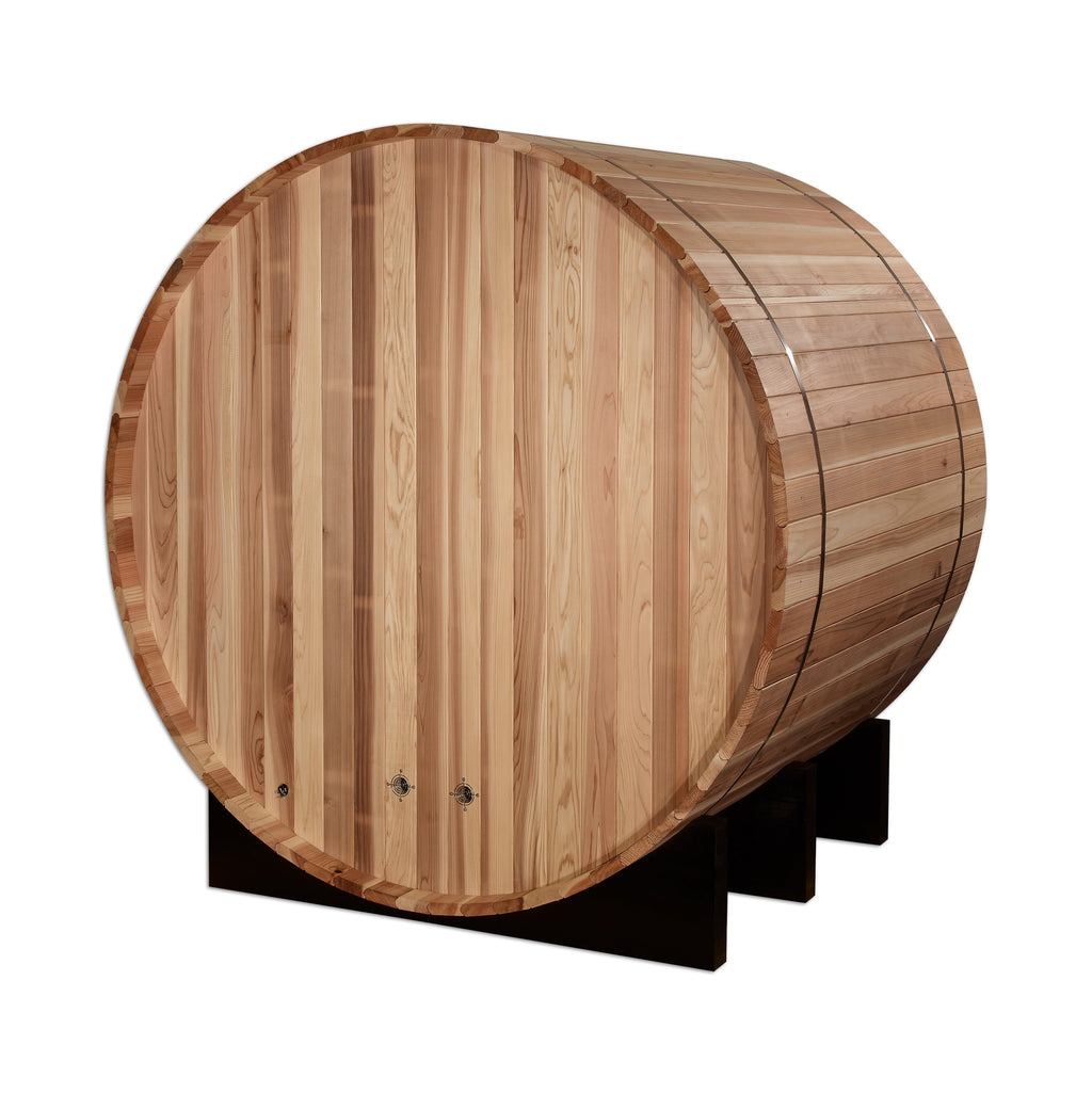 Golden Designs St. Moritz 2-Person Cedar Barrel Sauna — Rear exterior view